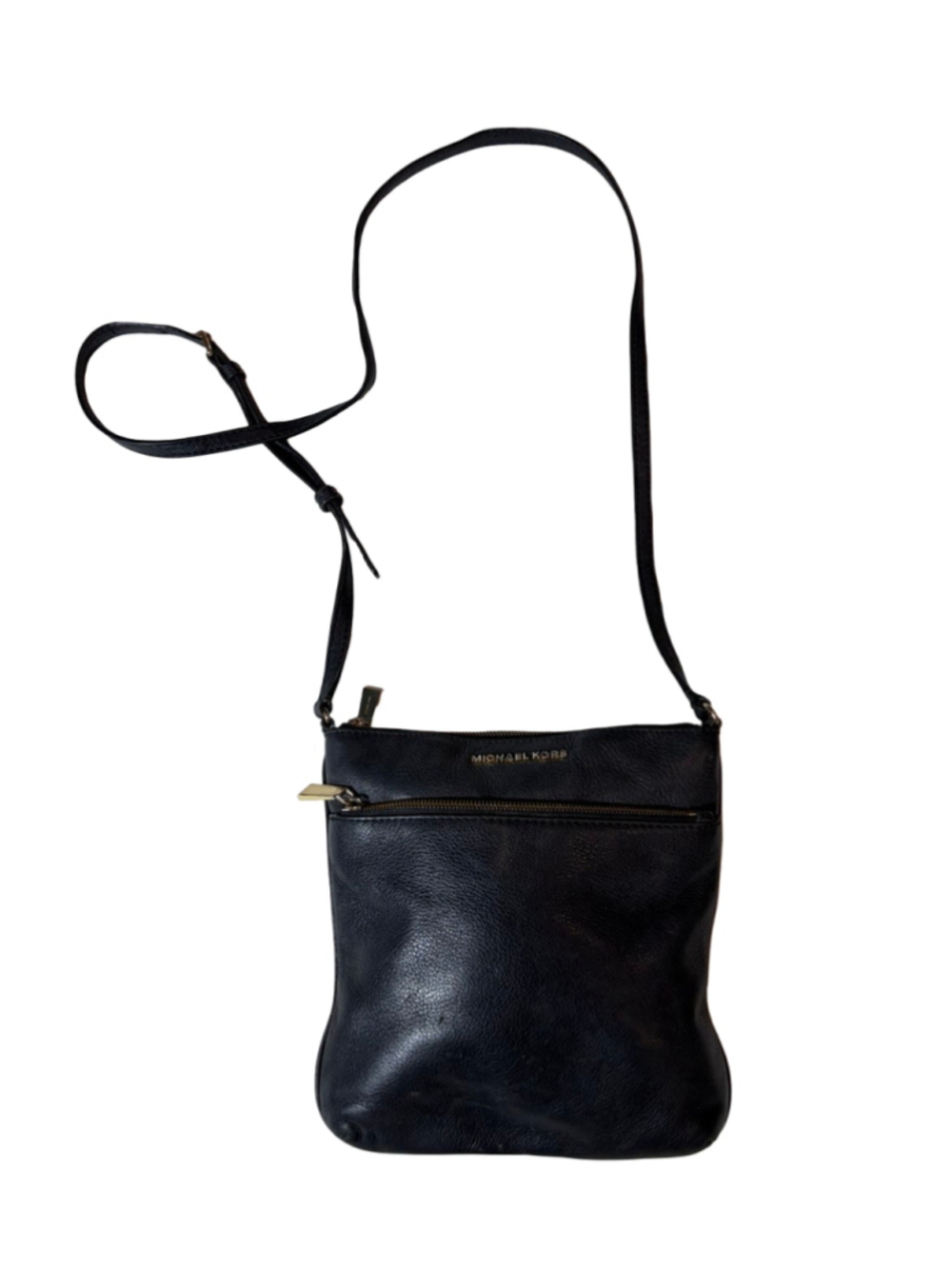 Michael Kors Black Pebbled Leather Crossbody Bag Front Zip Adjustable Strap